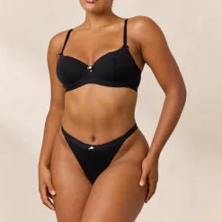 Rosebud Ribbed Balcony Bra - Black