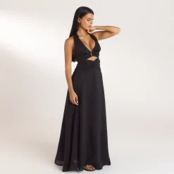 Ruched Tencel Maxi Dress - Black