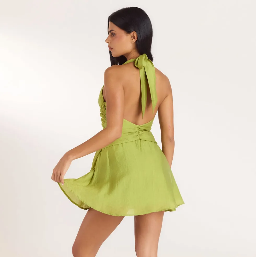 Ruched Tencel Mini Dress - Lime
