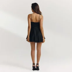 Satin & Lace Mini Dress - Black
