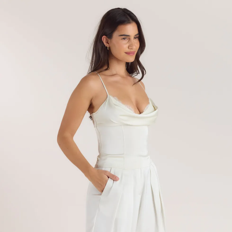Satin Cowl Neck Cami Top - Cream