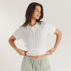 Sheer Knitted Polo Top - Cream