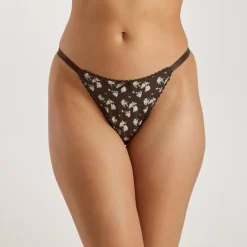 Strappy Pointelle Brazilian Briefs - Brown Floral Print