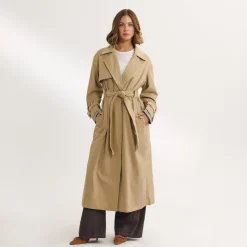 Suedette Trim Trench Coat - Sand