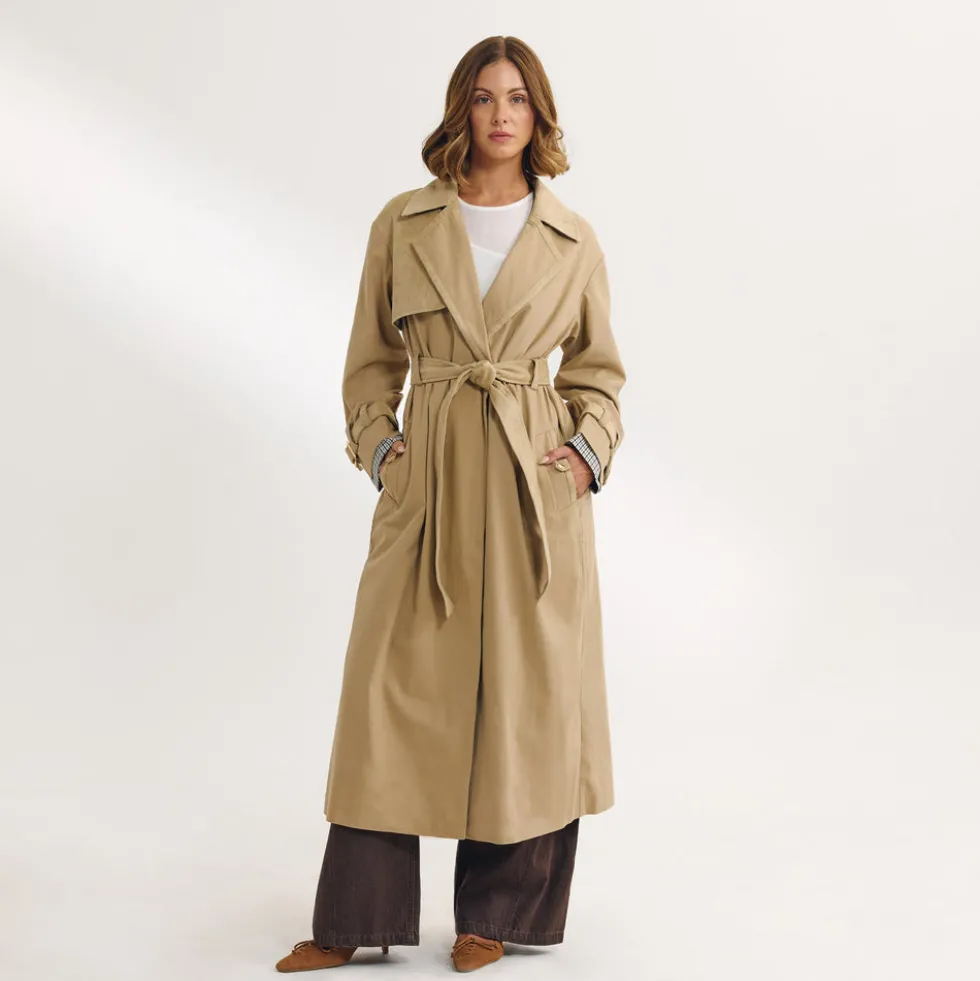 Suedette Trim Trench Coat - Sand