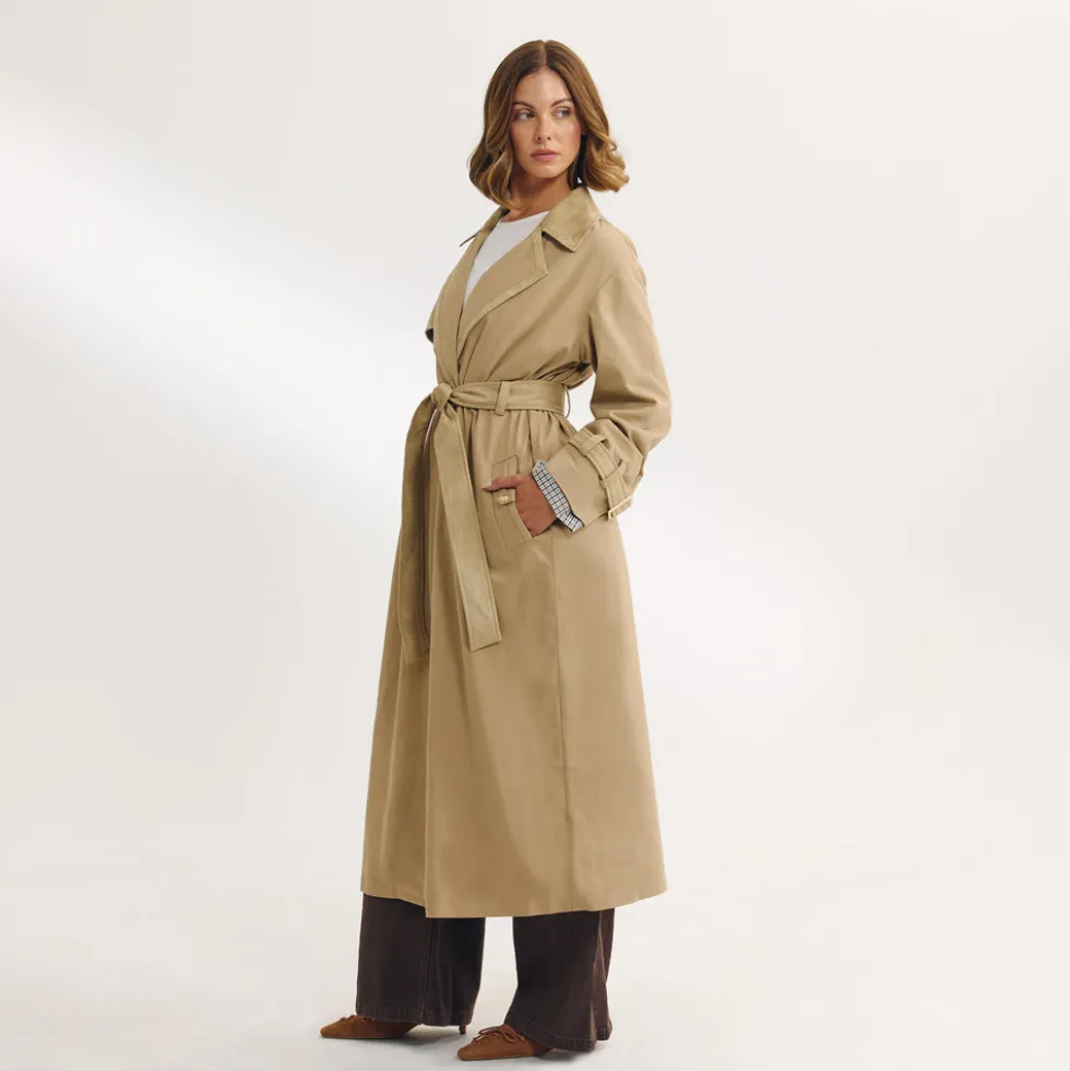 Suedette Trim Trench Coat - Sand