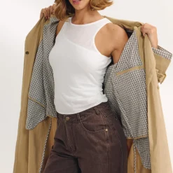 Suedette Trim Trench Coat - Sand