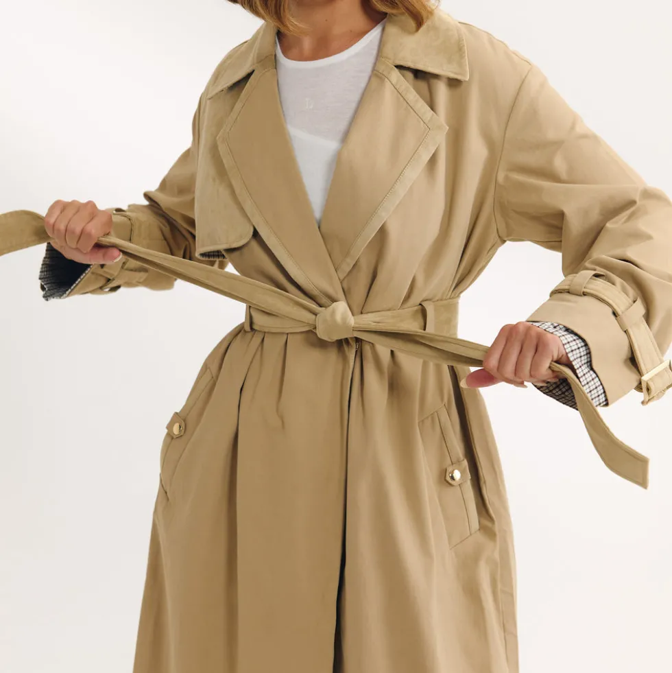 Suedette Trim Trench Coat - Sand