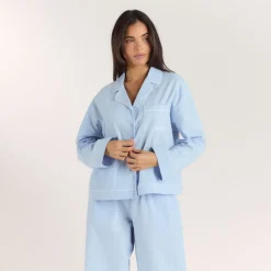 Textured Cotton Pajama Shirt - Blue