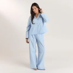 Textured Cotton Pajama Shirt - Blue