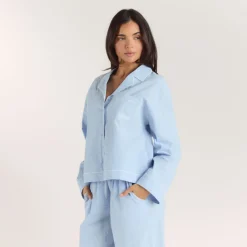 Textured Cotton Pajama Shirt - Blue