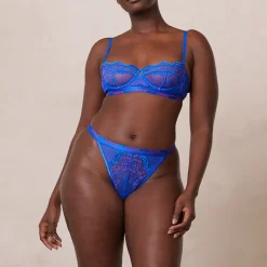 Two-tone Blossom Balcony Bra & Thong Set - Blue