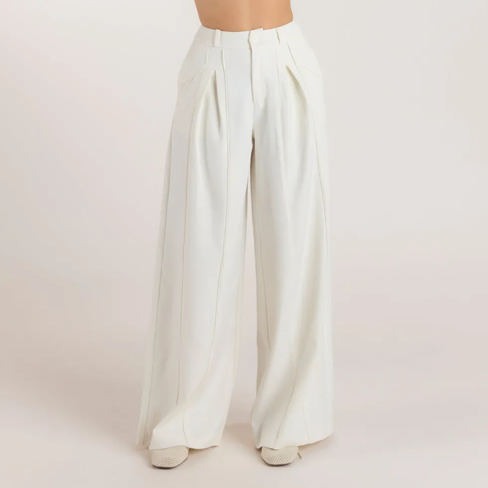 Wide-Leg Pleat Detail Pants - Off White